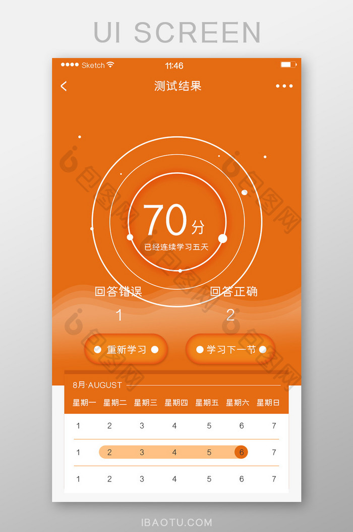 橙色渐变测试结果页面按钮简洁风格得分学习