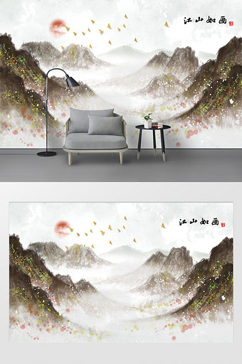 水墨中式山水电视背景墙中国风客厅装饰画图片
