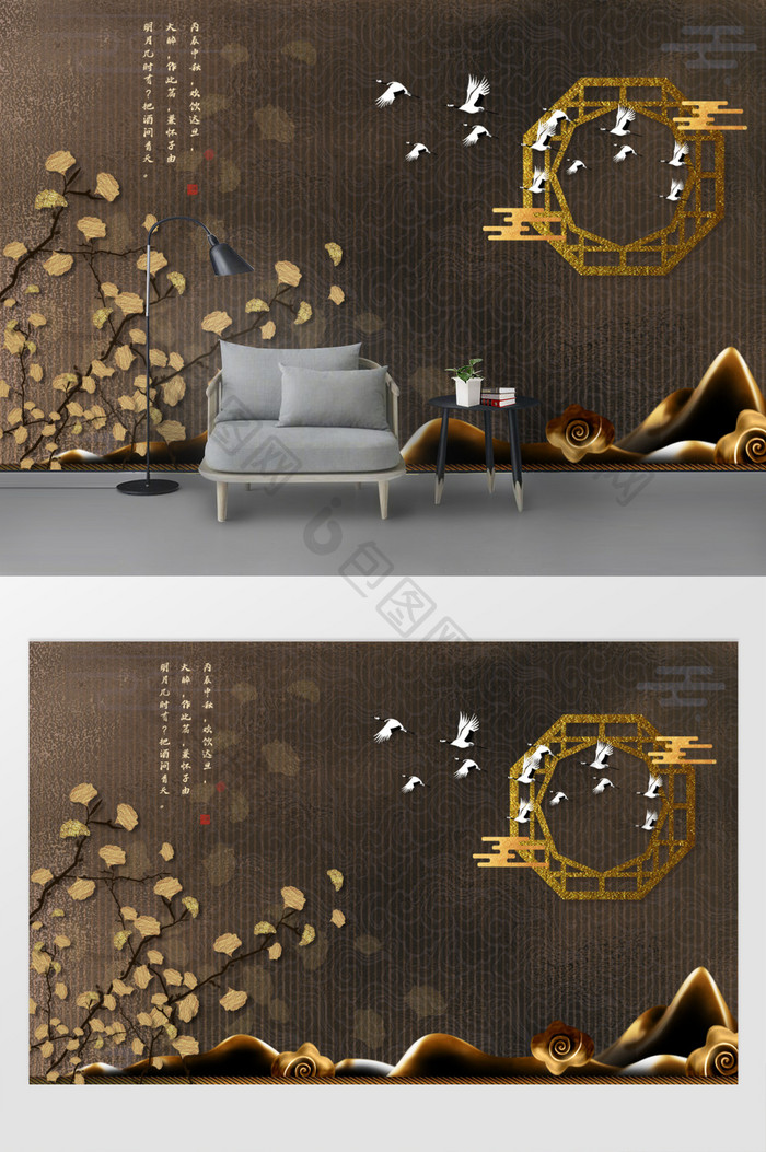 国潮银杏手绘工笔花鸟新中式背景墙装饰画