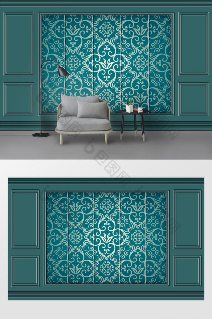 简约线框石膏线墨绿花纹软包背景墙