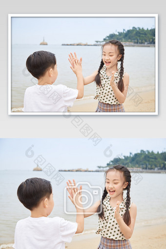 儿童节可爱儿童海边拍手掌图片