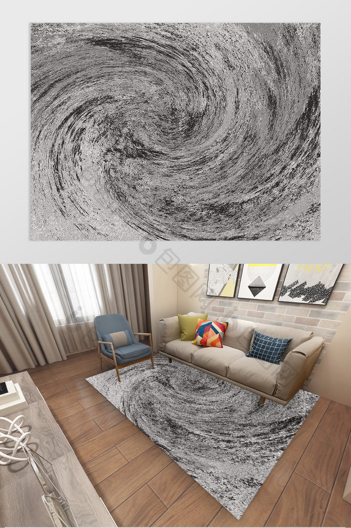 北欧摩洛哥风格抽象扭曲黑白灰客厅地毯图案图片图片