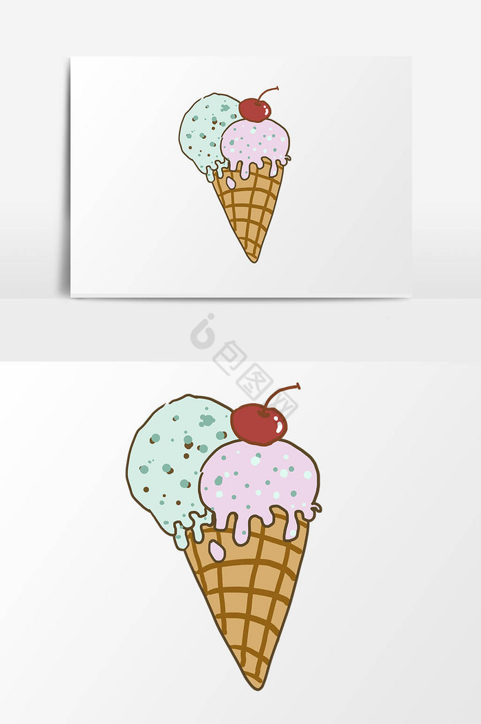 风两色带樱桃甜筒冰淇淋图片