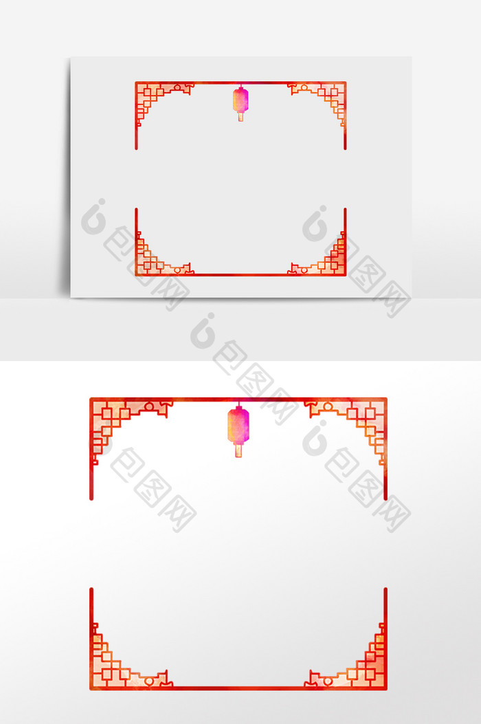 手绘中国风镂空花纹灯笼边框插画