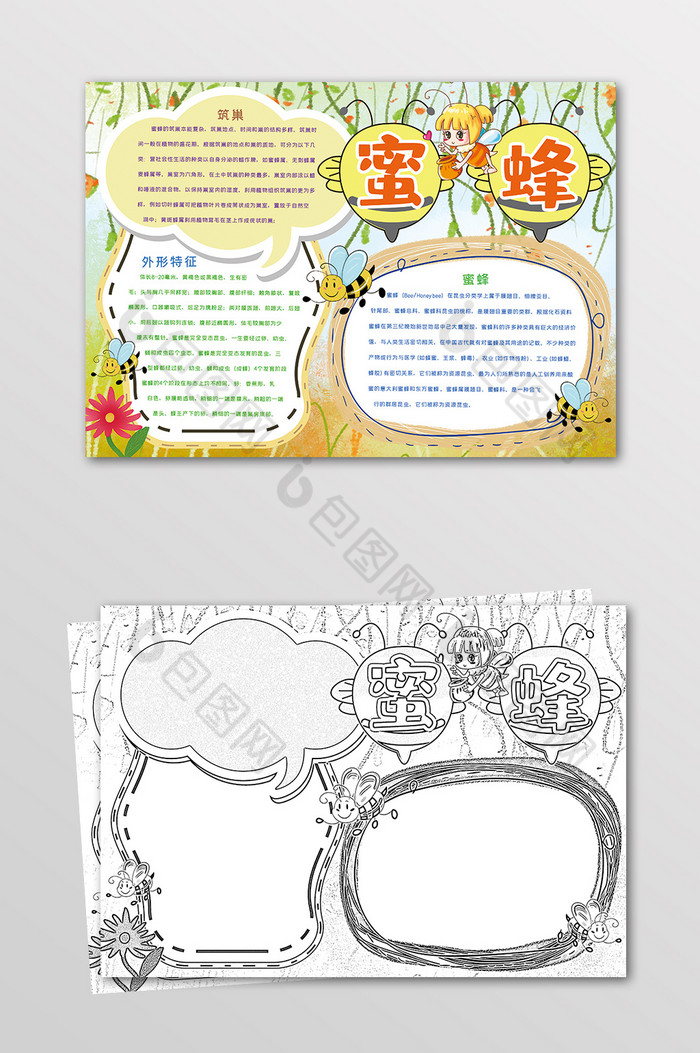蜜蜂昆虫手抄报黑白线描小报图片