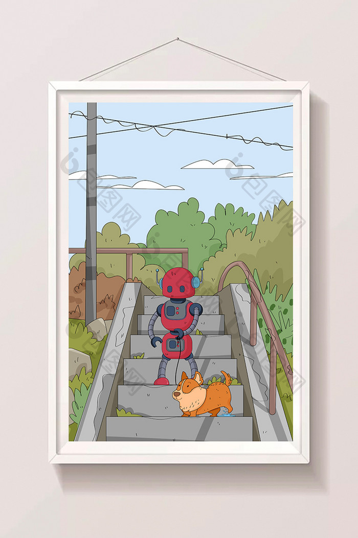 卡通科技人工智能机器人遛狗海报app插画