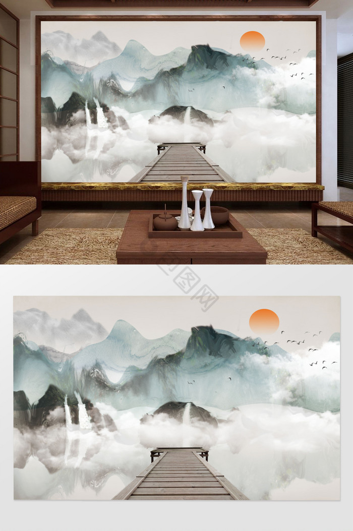 中式水墨山水风景电视背景墙装饰画软包图片