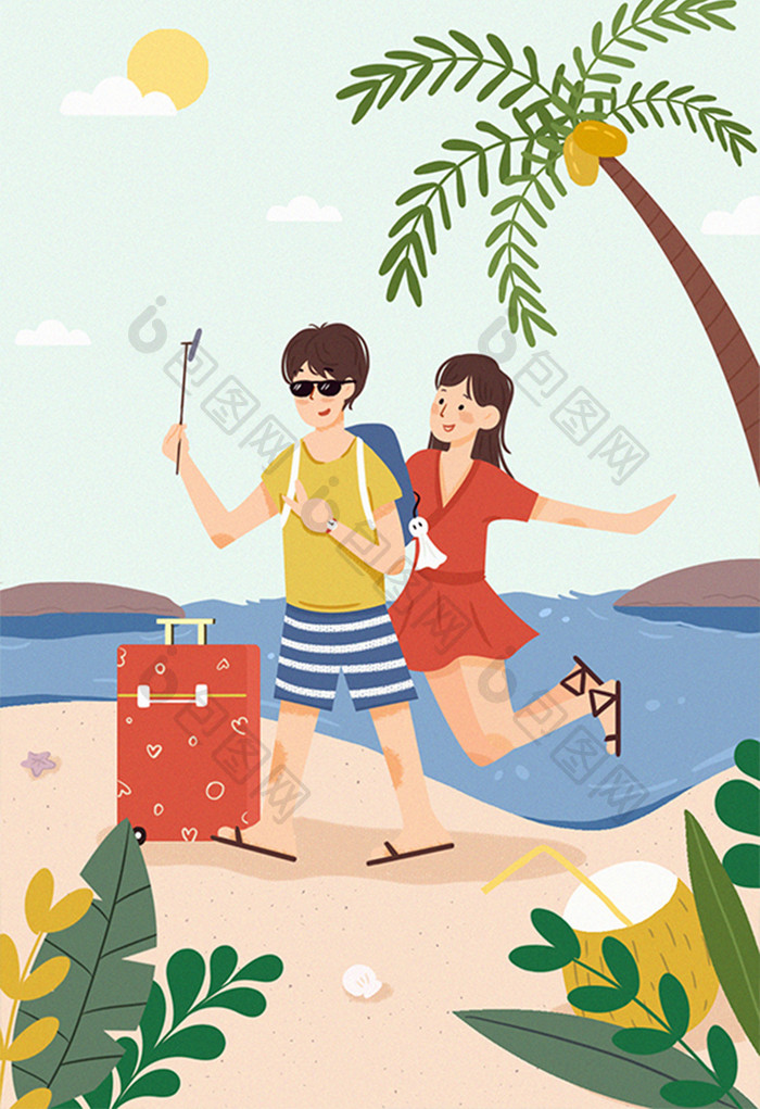 唯美小清新海岛度假旅游度蜜月自拍插画