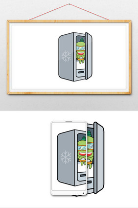 绿色可爱小龙夏日躲冰箱动态表情