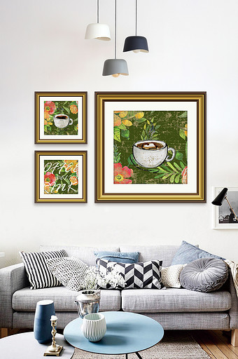 北欧复古咖啡杯植物花卉咖啡店装饰画图片