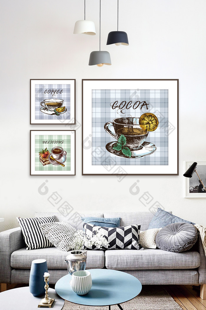 北欧风小清新格子咖啡杯咖啡店装饰画图片图片