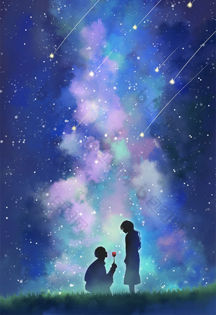 深蓝色唯美治愈卡通炫彩星空情侣剪影插画 图片下载 包图网