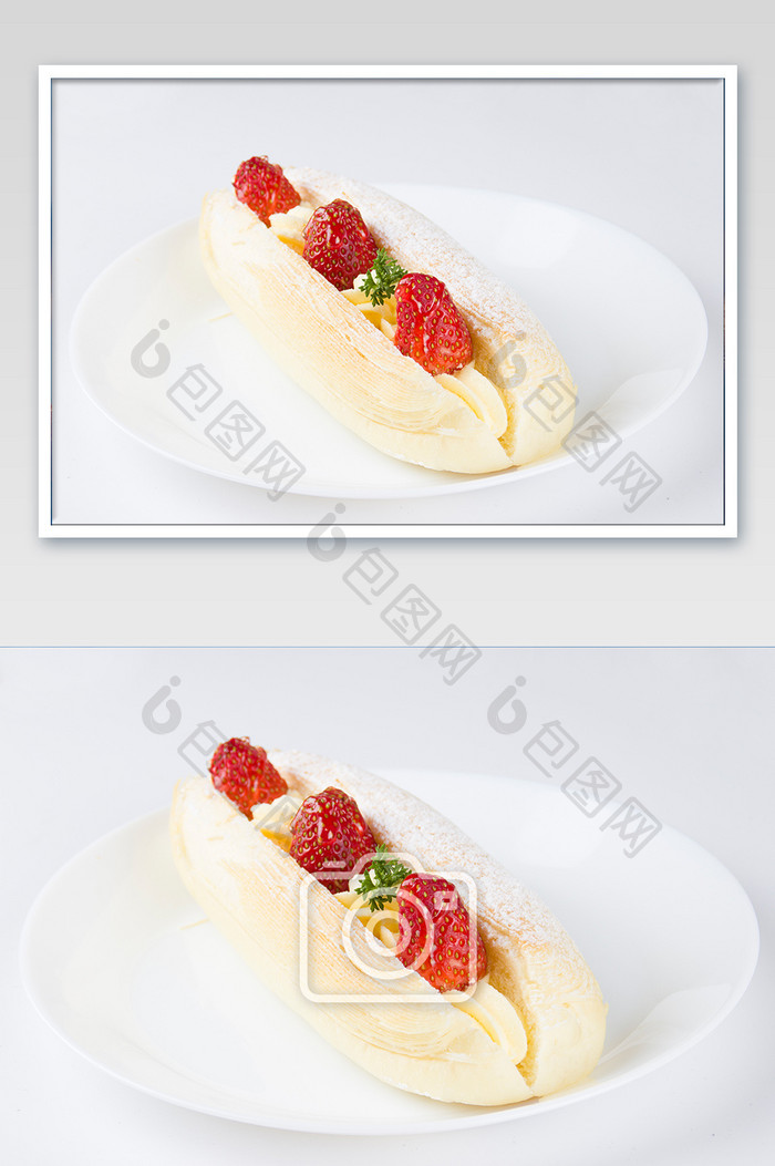 美味草莓榴莲蛋糕摄影图片