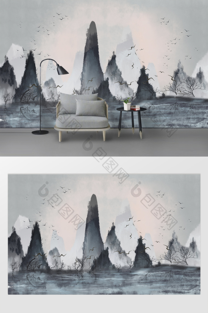 意境风景山水背景墙效果图-【包图网】