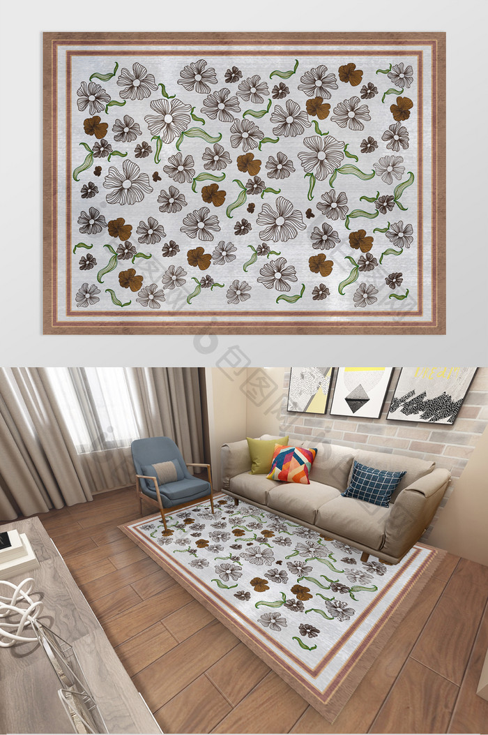北欧简约花卉纹理客厅地毯图案