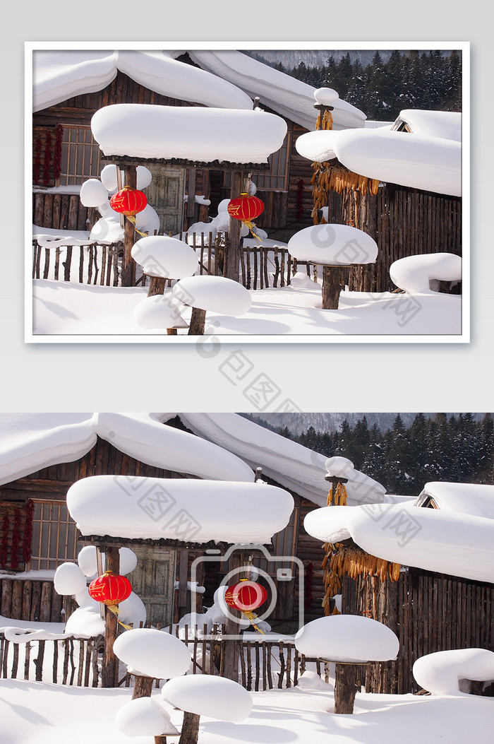 冬天雪乡雪蘑菇村落