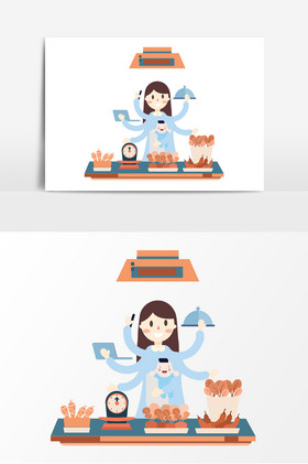 母亲节弹吉忙碌三头六臂插画