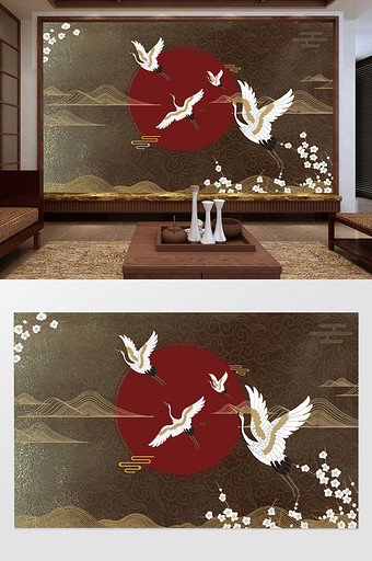 国潮新中式创意飞鹤风景背景墙图片