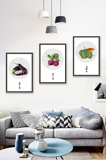 新中式轻奢手绘蔬菜茄子萝卜餐厅装饰画图片