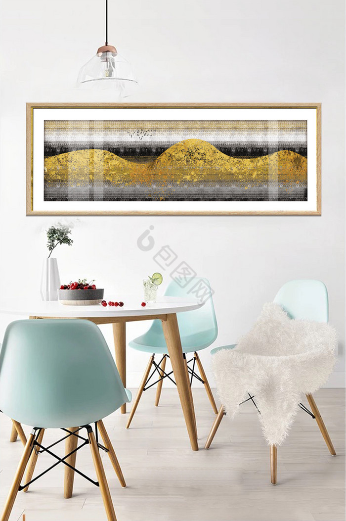 简约抽象意境金色山川飞鸟风景晶瓷装饰画图片