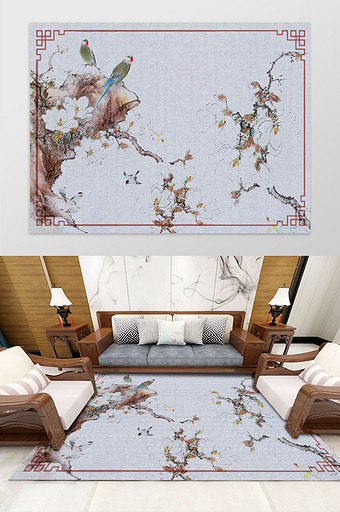 新中式中国风手绘花鸟地毯图案图片