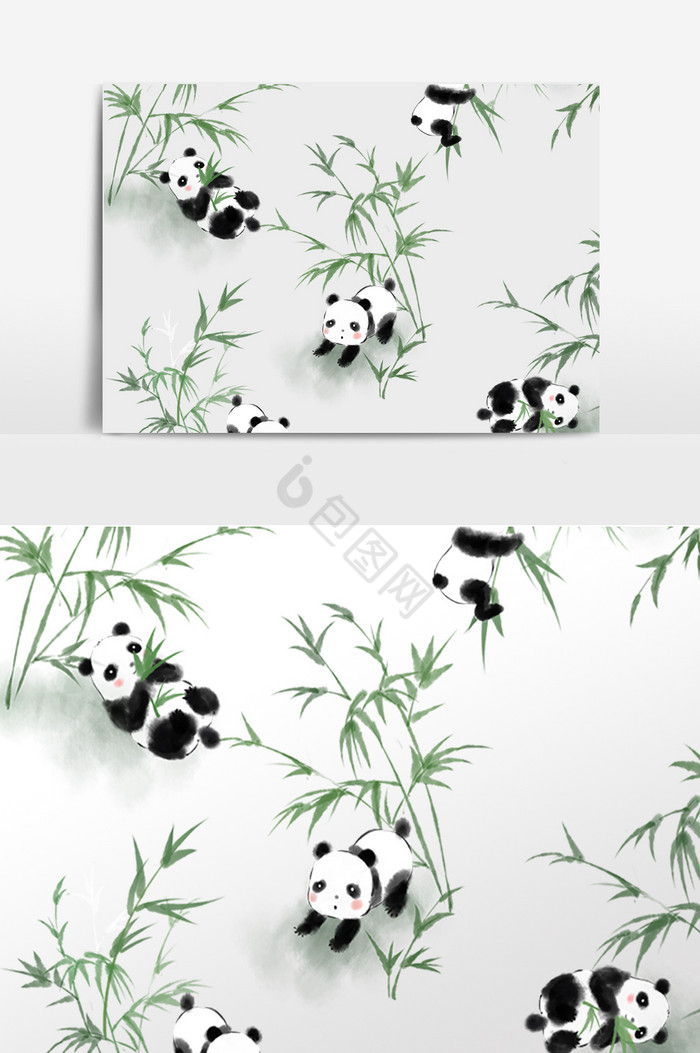 水墨国画熊猫底纹插画