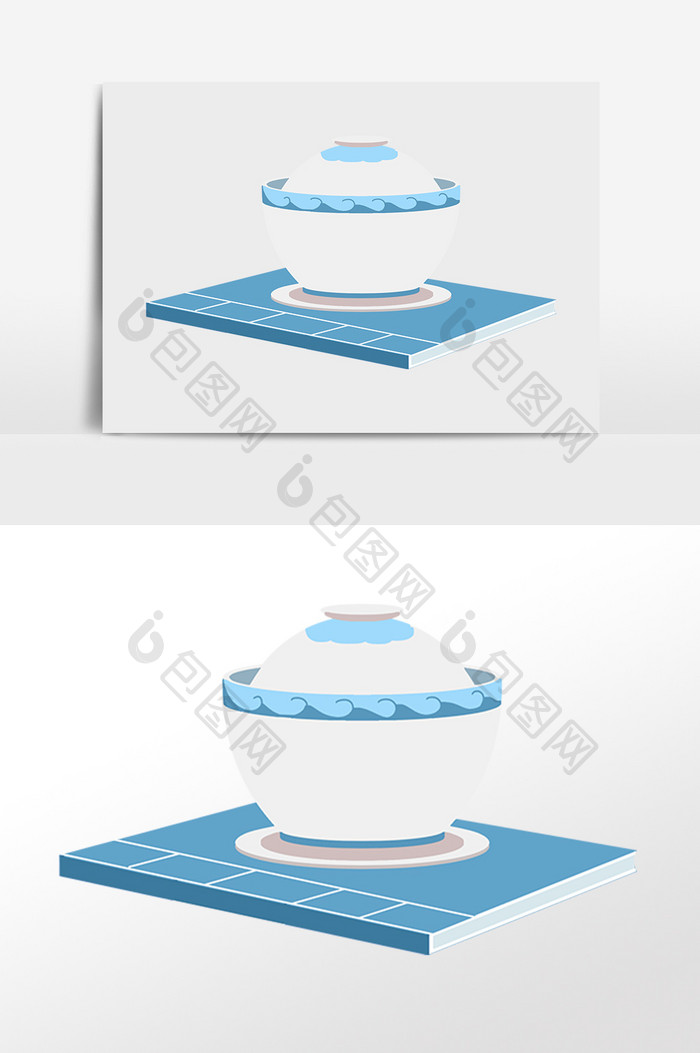 手绘古代国学教育茶具书籍插画