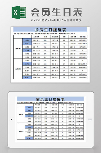 会员生日提醒Excel模板图片