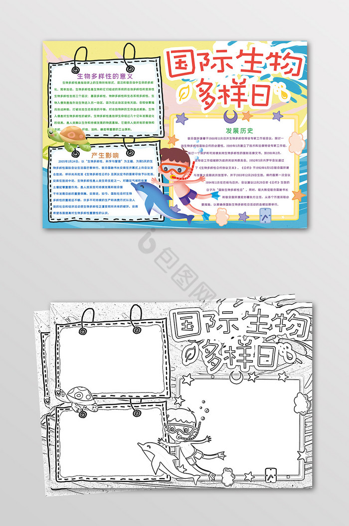 国际生物多样日保护生物黑白线描小报图片