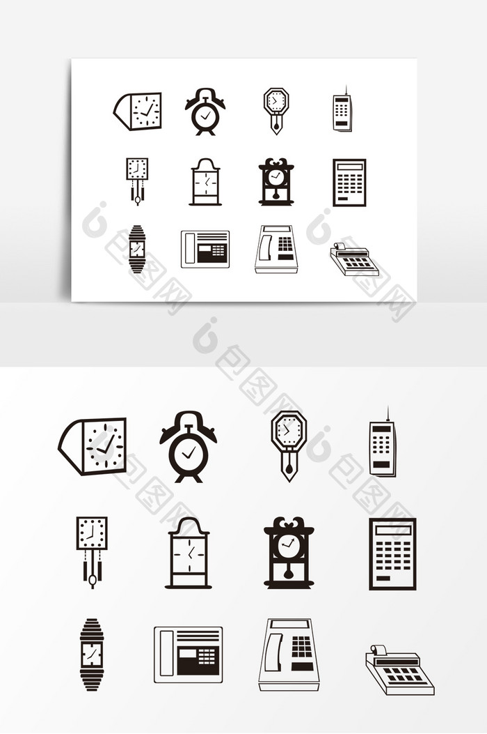 黑色钟表电话轮廓设计素材