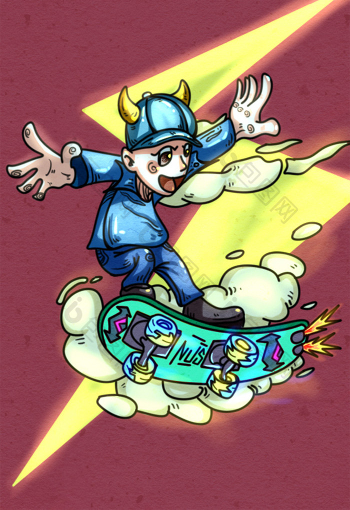 暗色朋克涂鸦风滑板插画图片