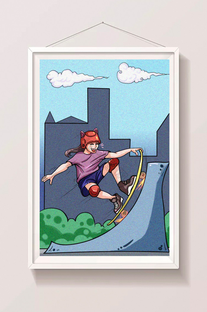 女生滑板插画图片