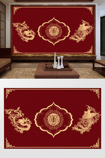 国潮新中式红色龙凤背景墙装饰画图片