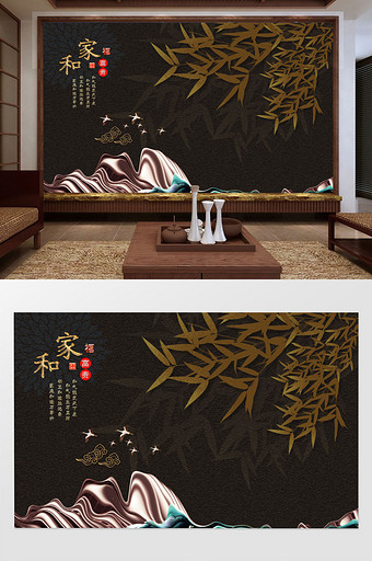 中式手绘石头竹子小鸟背景墙图片