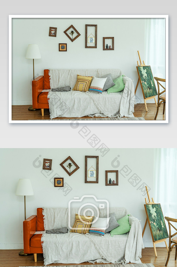 别墅一角落地灯沙发搭毯油画装饰画图片图片
