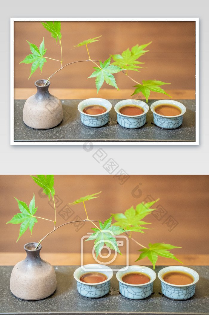 枫叶花艺茶水陶瓷杯茶艺摄影图