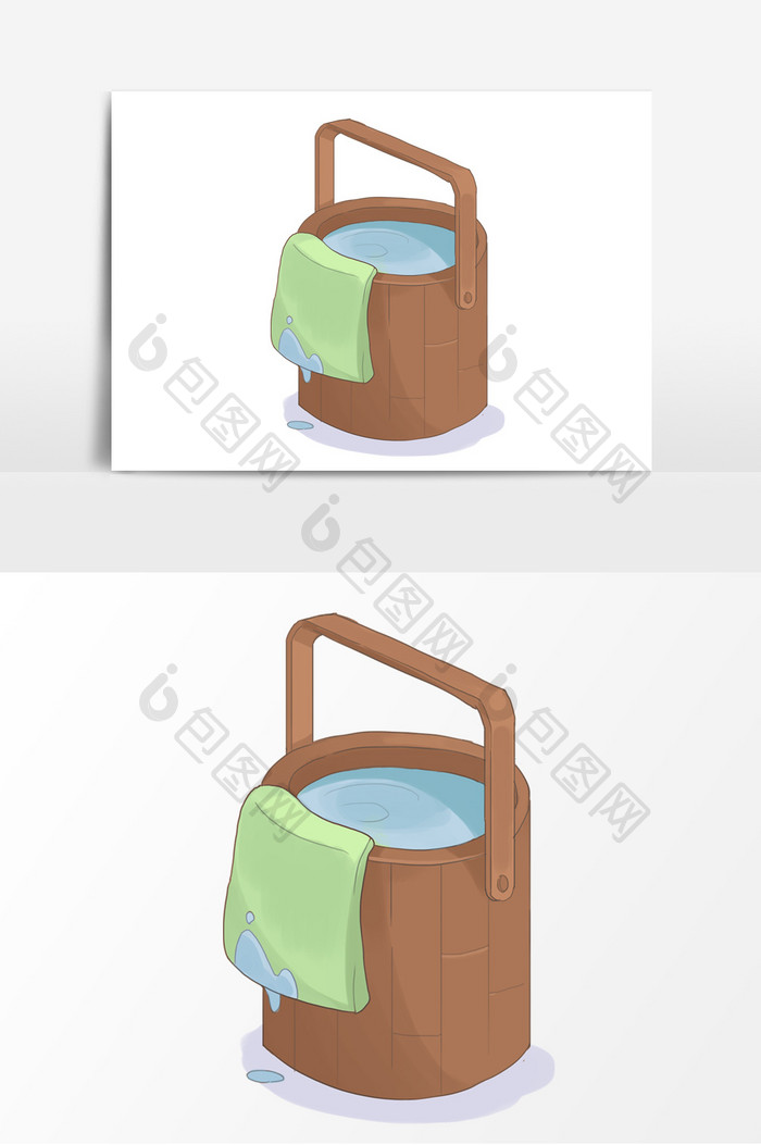 手绘卡通装满水的木桶