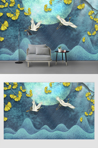 现代国潮古典仙鹤黄色银杏蓝色纹理背景墙图片