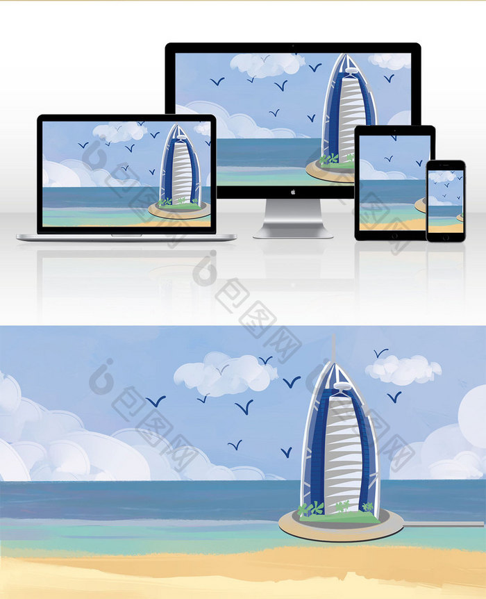 迪拜城市标志性建筑场景插画