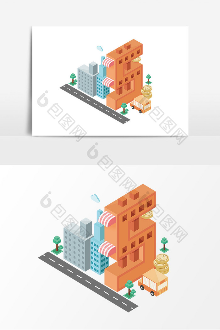 卡通2.5D数字5城市元素