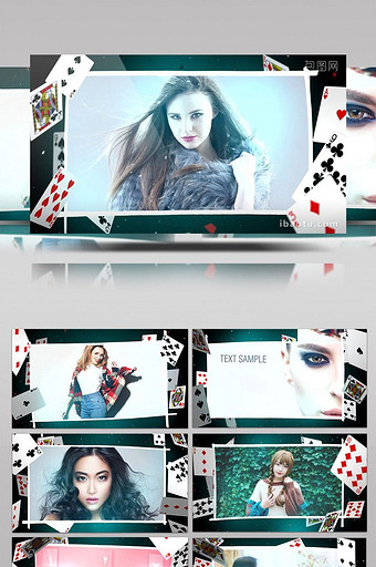 扑克牌空间中照片相册图文动画展示AE模板图片