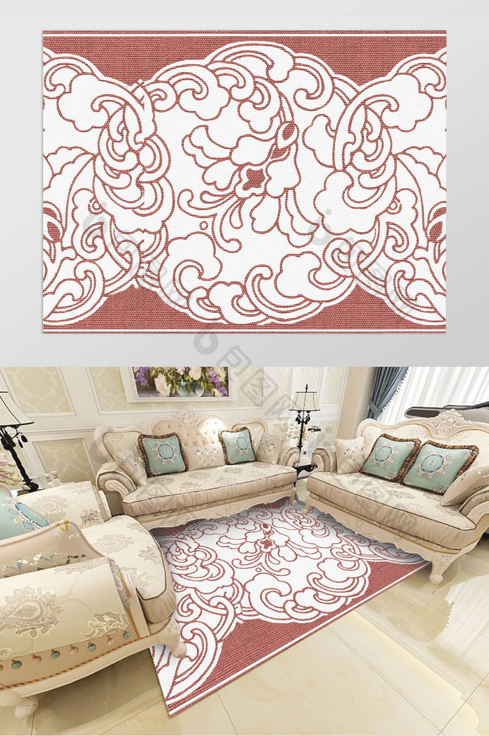 欧式古典复古红色抽象花纹地毯图案装饰