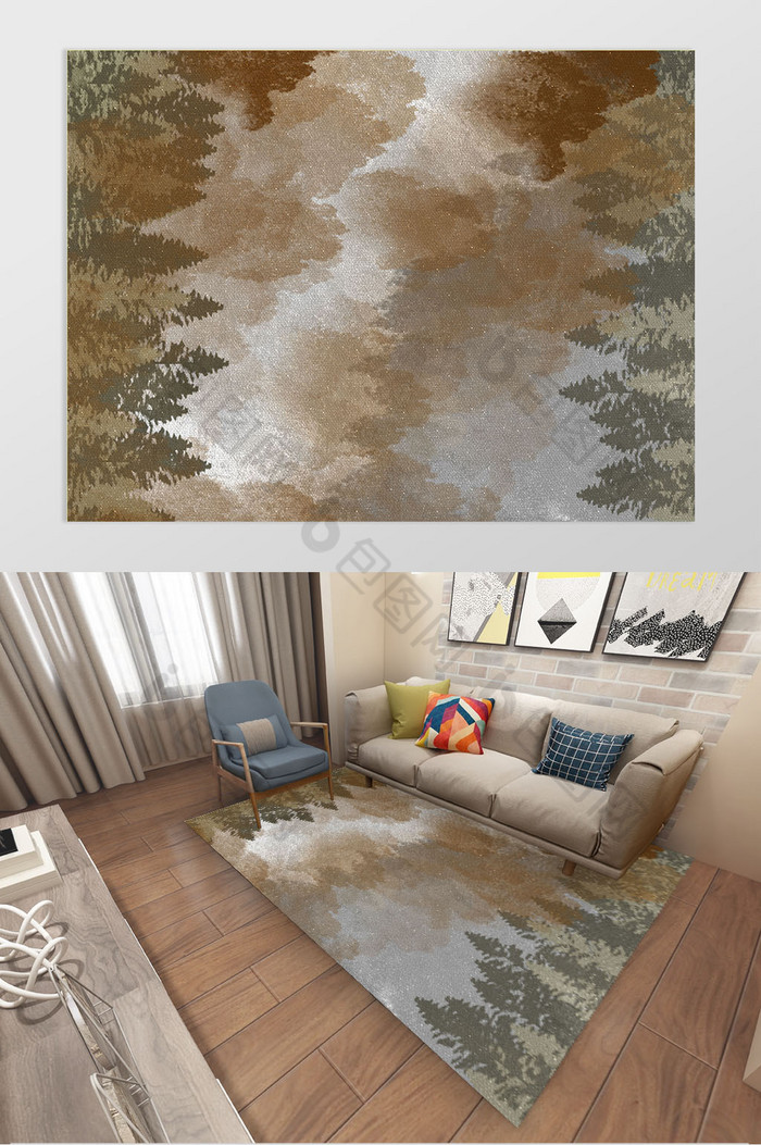 北欧现代手绘简约创意水墨森林地毯图案图片图片