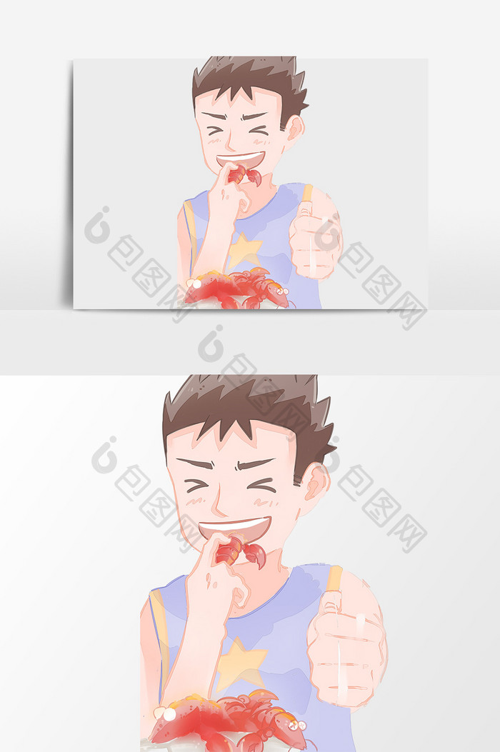 男孩吃小龙虾插画元素