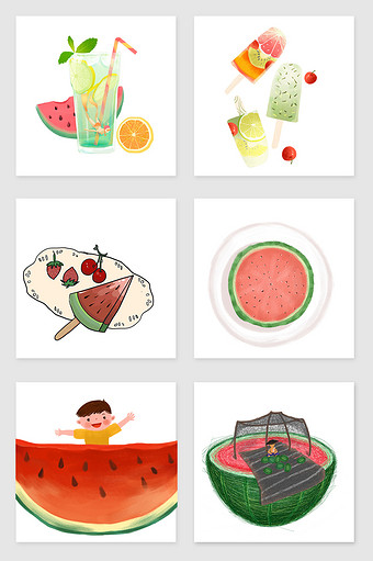 夏季清凉西瓜冰棍饮料插画元素图片