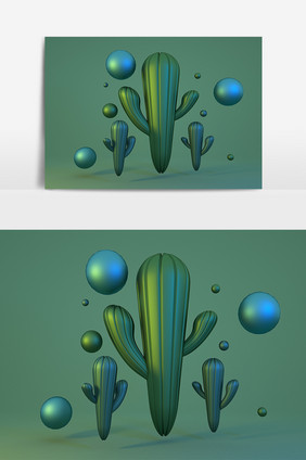 C4D绿色简约小清新仙人掌装饰元素
