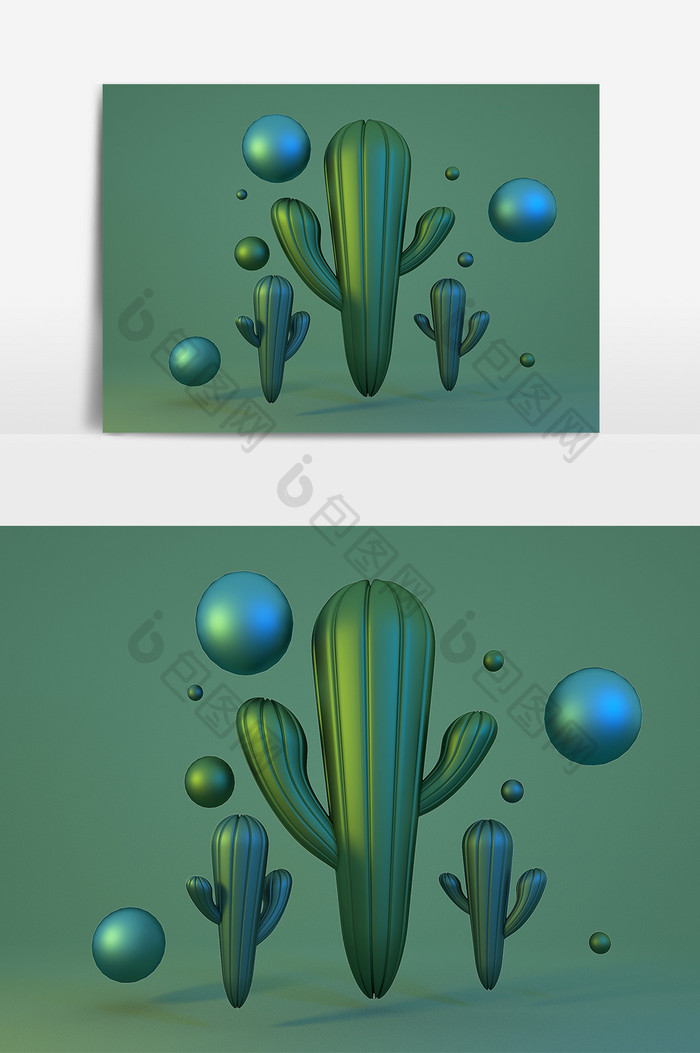 C4D绿色简约小清新仙人掌装饰元素