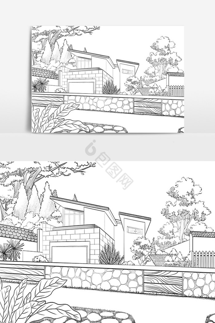 黑白线描建筑风景画插画图片