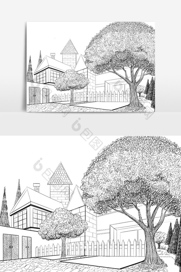 黑白线描建筑房屋风景画插画图片