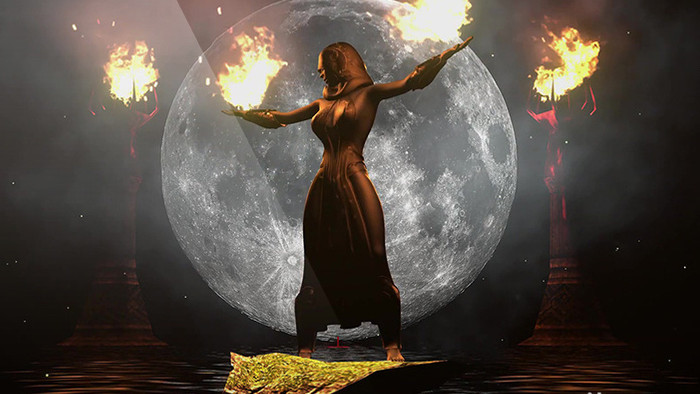 月亮下女巫点燃火焰企业宣传合成背景视频